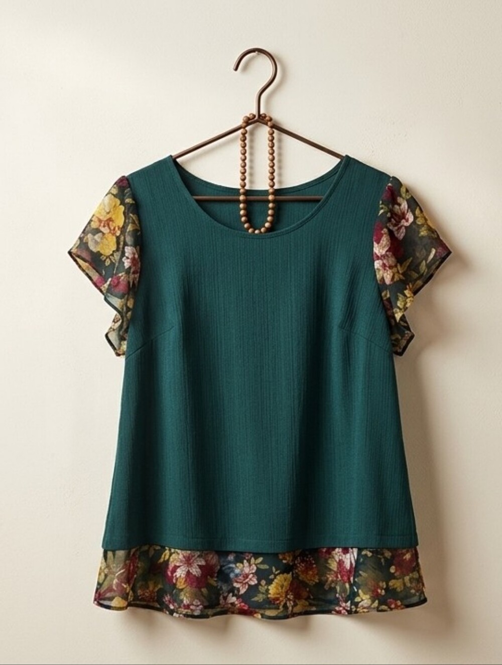 Teal Floral Chiffon Sleeve & Hem Women's Blouse